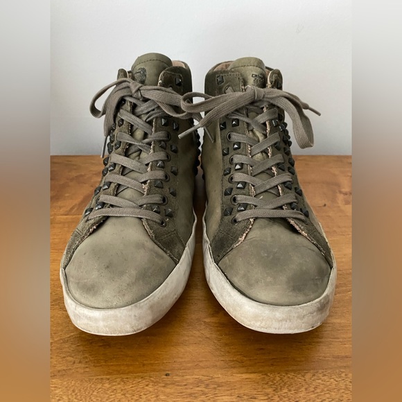 Crime London Green Leather Distressed Studded High Top Sneakers 41/11 - Picture 2 of 14